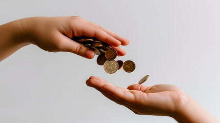 Une main qui donne des pièces de monnaie à l'autre. Concept de donation d'argent.