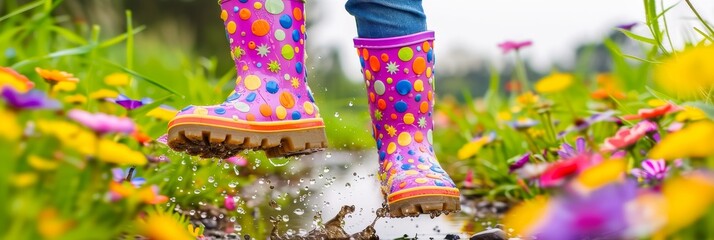 Excited child jumping in puddle with rain boots, copy space available for text placement