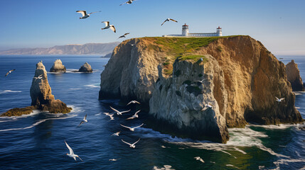 Pelicans flying over sea Island Arch and lighthouse tower - obrazy, fototapety, plakaty