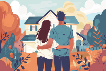 Illustration of happy young couple standing with their backs in front of their new home.