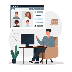 Video conference online concept. Businessman sits in a chair in front of a computer. A group of people on the computer screen discuss a project.  Vector illustration
