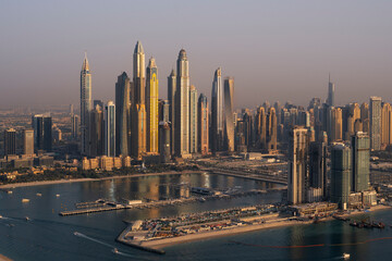 Aerial view of Dubai Marina at dusk, Dubai, United Arab Emirates.