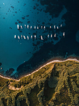 Aerial view of boats docked off Susak Island, Primorje-Gorski Kotar, Mali Losinj, Croatia.
