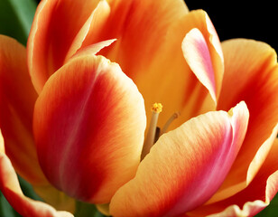 Orange tulip on a dark background, macro photography.