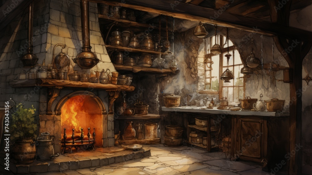 Poster generative ai atmospheric watercolors depicting a rustic kitchen with loose linework details, showca