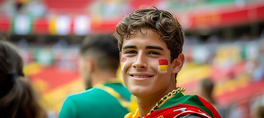 Portugal flag painted fan cheering at football stadium, blurry background with copy space