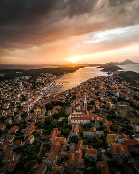 Aerial view of the beautiful coastal village of Mali Losinj, Primorje-Gorski Kotar, Croatia.