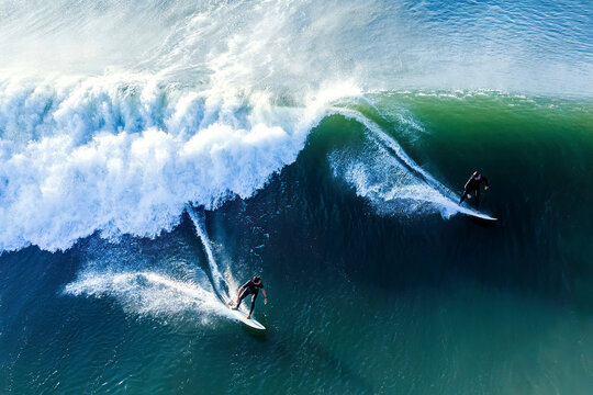 Aerial view of surfing at Ditch Plains Beach, Montauk, New York, United States.