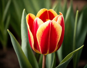 Orange-yellow tulip in a field.