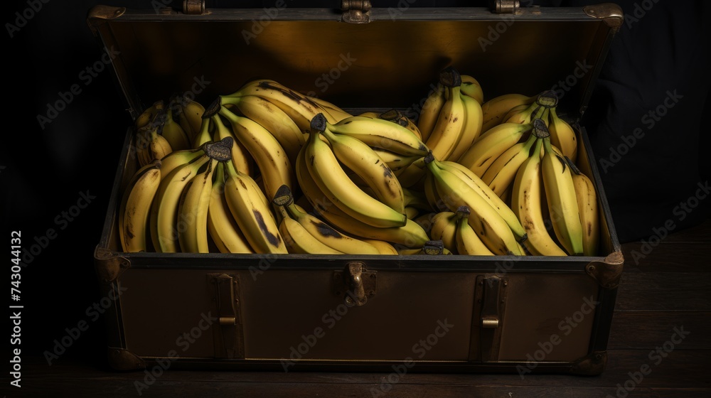 Poster box filled with golden-hued bananas, close-up realistic photo generative ai