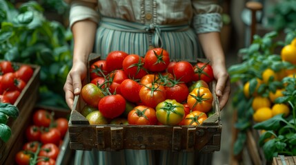 A woman is holding a wooden box filled with plum tomatoes, a delicious ingredient in natural foods. These bush tomatoes are a versatile fruit used in various whole food recipes - Powered by Adobe