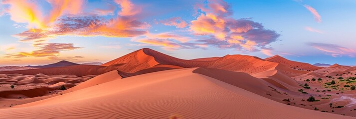 Fototapeta premium Golden sahara desert panorama at sunset, showcasing undulating sand dunes in captivating hues