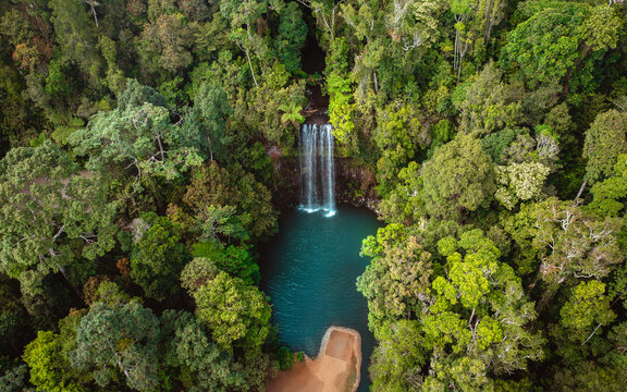 Aerial view of Milla Milla Waterfall in the rainforest of Cairns, Queensland, Australia.