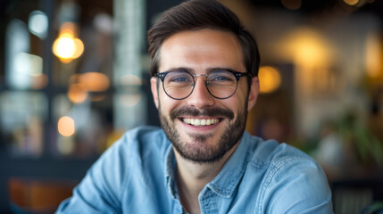 A cheerful man wearing glasses and a casual denim shirt, smiling warmly in a cozy indoor setting with natural light enhancing the ambiance. - obrazy, fototapety, plakaty