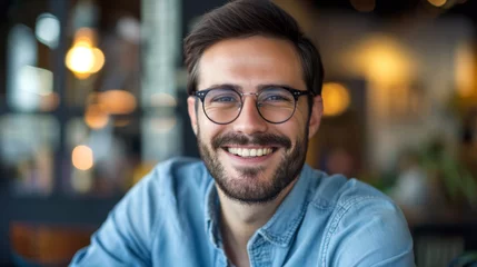 Fototapeten A cheerful man wearing glasses and a casual denim shirt, smiling warmly in a cozy indoor setting with natural light enhancing the ambiance. © MP Studio