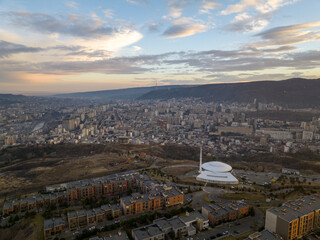 Morning cityscape of Tbilisi city. aerial view of Public safety command center