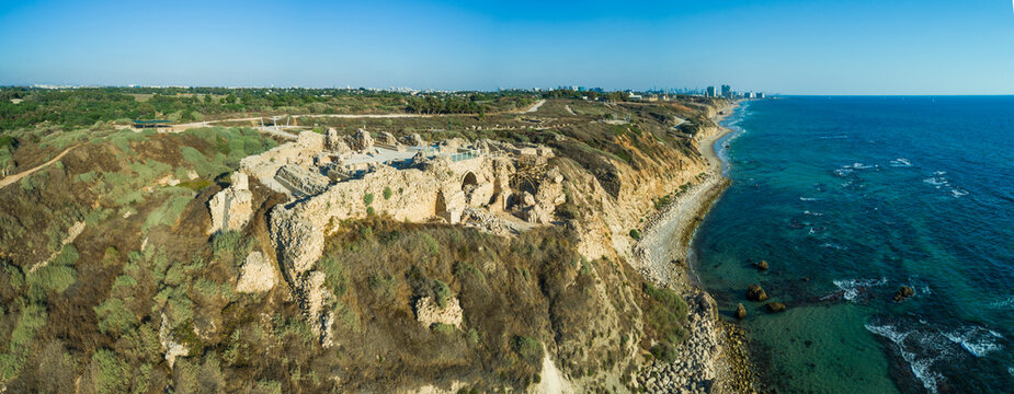 Aerial view of Apollonia fort ruins overlooking the Mediterranean Sea, Herzliya, Israel.
