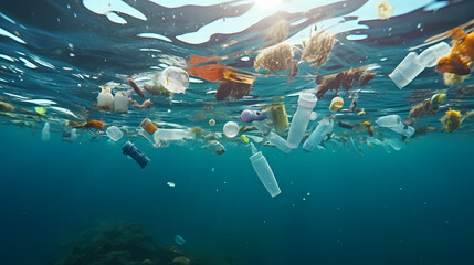 Close-up of plastic bags floating in the ocean