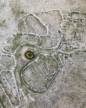 Aerial view of Coki Baska Island with ancient ruins and archeological site, Capi Baske, Croatia.