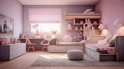 Stylish interior of a children's room in pink color.