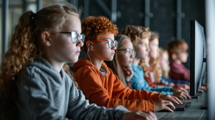 Diverse group of children engaged in computer learning activities in a school classroom environment