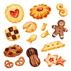 Large set with different cookies. Watercolor digital food illustration with isolated elements on a white background
