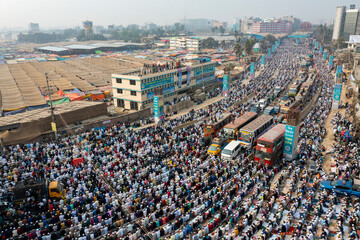 Aerial view of people praying and worshipping during the annual Ijtema event in Dhaka, Bangladesh.