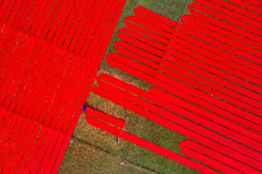 Aerial view of people working with red cloth drying lines at textile factory, Narsingdi, Bangladesh.
