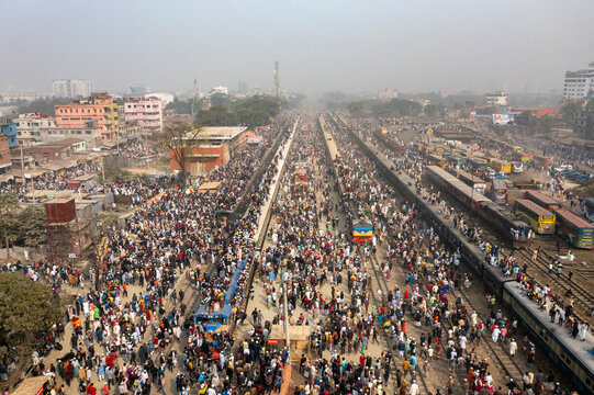 Aerial view of a crowded train station during the annual Ijtema festival, Dhaka Division, Bangladesh.