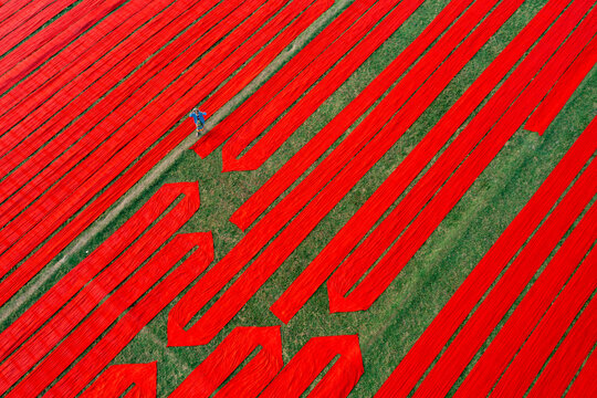Aerial view of people working with red cloth drying lines at textile factory, Narsingdi, Bangladesh.