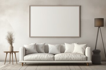 White Sofa, Stucco Wall, Empty Mockup Poster, Minimalist Interior Design