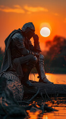 Knight sitting on a lodge at sunset