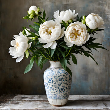 Bouquet of white peonies in vase on wooden table