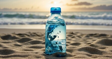 Showcase a thought-provoking image of a water bottle stuck in the sand on a beach, with a symbolic representation of Earth melting within, serving as a poignant commentary-Ai Generative