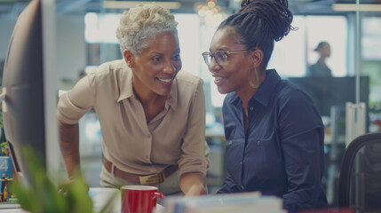 two smiling women in an office environment, looking at each other while standing by a computer desk, suggesting a collaborative work discussion.