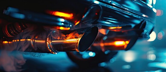 This image showcases a detailed view of a cars exhaust system, focusing on the O2 sensor. The various components such as pipes, muffler, and catalytic converter are visible, demonstrating the - obrazy, fototapety, plakaty