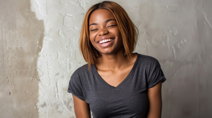 A cheerful woman with wavy hair and freckles smiles warmly, wearing a casual denim shirt against a light background.