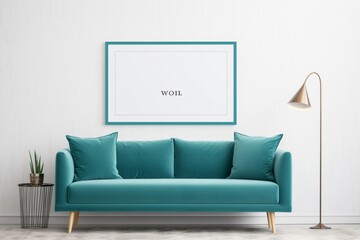 Modern Living Room, Teal Sofa, Big Poster Frame, White Wall, Scandinavian Interior Design