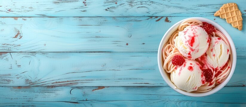 Trendy German vanilla ice cream spaghetti noodles and berry sauce or tomato served in a tub with a wafer biscuit viewed top down on blue wood in vertical format. with copy space image