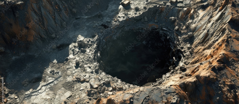 Poster Aerial view of an open mine pit Exploitation and nature pollution. with copy space image. Place for adding text or design