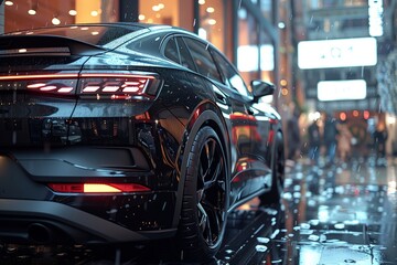 A black car with sleek automotive design is parked in the rain in front of a building, its tires glistening on the wet pavement - obrazy, fototapety, plakaty