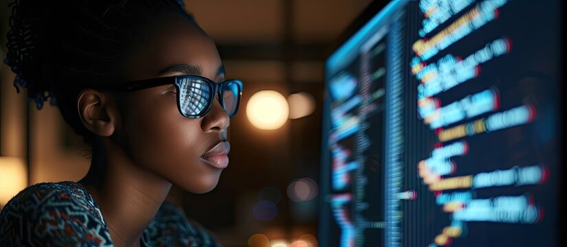 Back behind view photo of dark skin programmer lady look big monitor check id address work overtime check debugging system wear specs casual shirt sit table late night office indoors