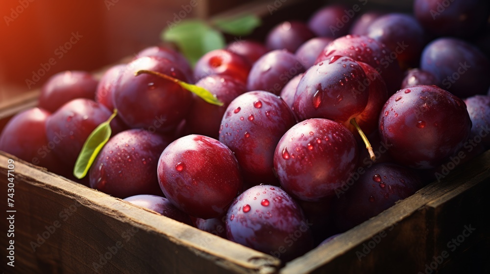Aufkleber Close-up realistic photo capturing a box filled with ripe plums Generative AI
