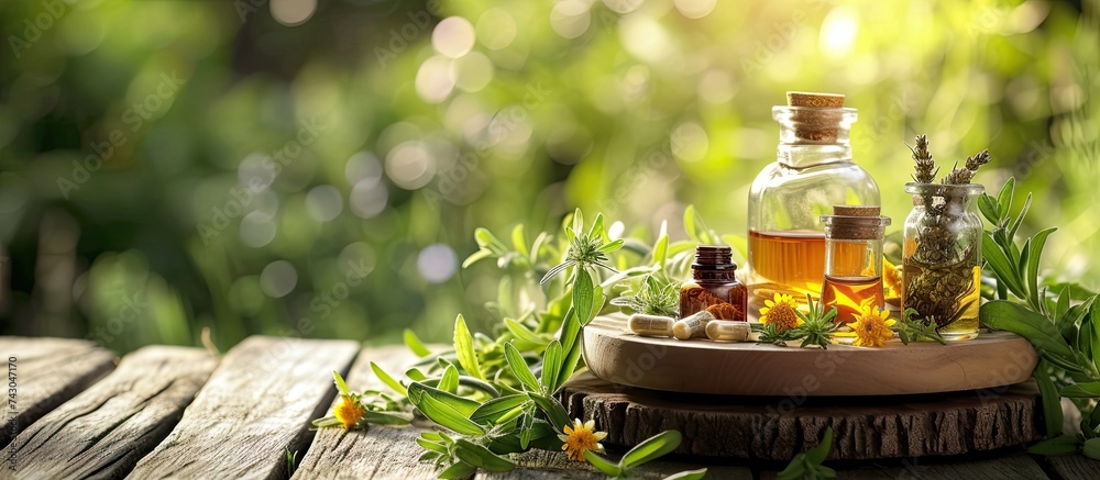 Poster medicinal herbs and tinctures alternative medicine selective focus nature. with copy space image. pl