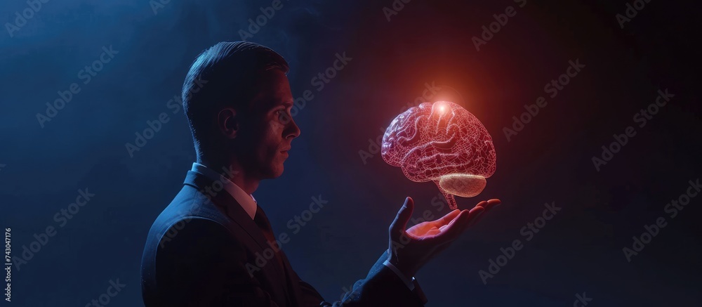 Aufkleber Businessman holding digital human brain with cell and neurons activity 3D rendering. with copy space image. Place for adding text or design