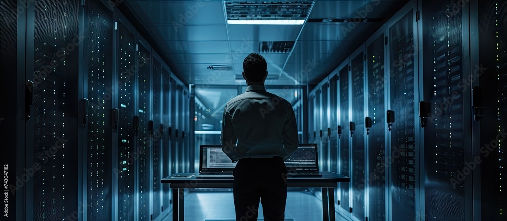 Poster Rear view of anonymous man doing cyber crime with data center while sitting in front of computer. with copy space image. Place for adding text or design
