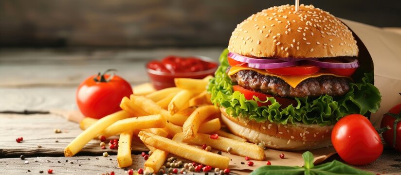 Big hamburger French fries and vegetables. with copy space image. Place for adding text or design