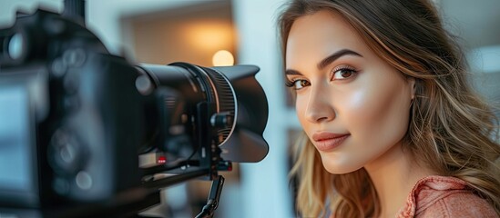 Happy smiling elegant woman or beauty blogger with brush on recording video while review product make up tutorial for theme about video blogging on camera screen. with copy space image - obrazy, fototapety, plakaty