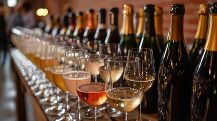 Assorted Sparkling Wines and Champagne in Glasses and Bottles at a Tasting Event
