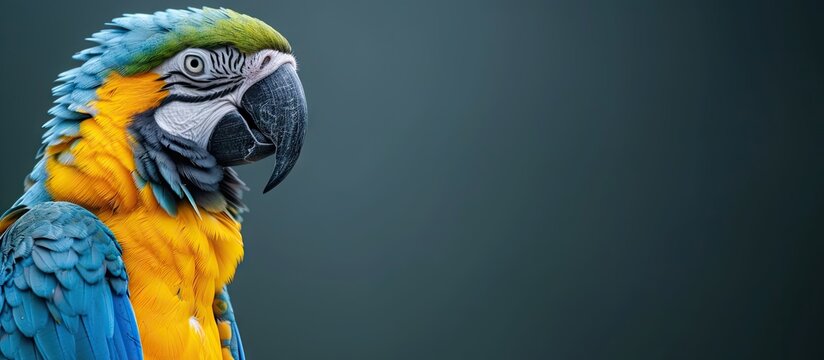 The blue and yellow macaw Ara ararauna is a large South American parrot with mostly blue top parts and light orange underparts with gradient hues of green on top of its head. with copy space image